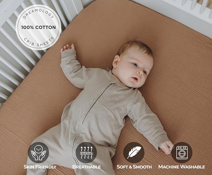 Dreamology Muslin Crib Sheets,Standard Crib Sheets For Boys,Girls,2 Pack,Super Soft,100% Cotton Crib Sheet Neutral for Standard Crib and Toddler Mattress Fitted Sheet,52x28 Crib Sheet | Brown and Ecru