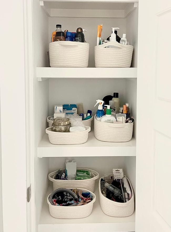 CubesLand Small Woven Rope Toys Basket for Organizing Set 5, Shelves Closet Storage Bins, Empty Gift Baby Shower Basket Also Perfect for Toilet Paper Storage, Organizer Bins Off White