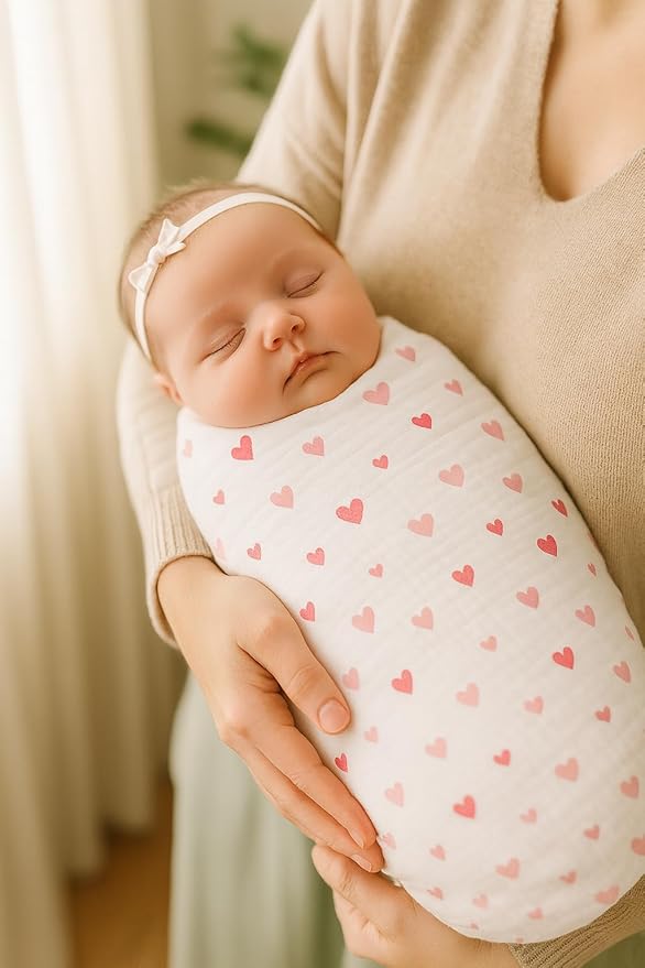 Soft 100% Cotton Swaddles for Newborns, 2- Pack - Large, Breathable Baby Blanket - Versatile, Durable Muslin Swaddle Blankets - Perfect Newborn Essentials (Hearts/Pink)