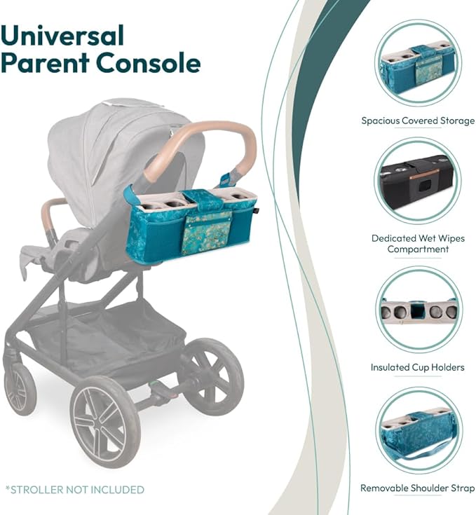 WONDERFOLD Universal Parent Console Stroller Organizer with Insulated Cup Holders, Hook & Loop Closure Handle Attachment, 2 Storage Pockets, Removable Shoulder Strap for Easy Transport