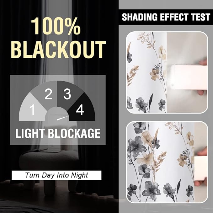 H.VERSAILTEX 100% Blackout Curtains 108 inch Length 2 Panels Set Cattleya Floral Printed Drapes Leah Floral Thermal Curtains for Bedroom with Black Liner Sound Proof Curtains, Grey and Taupe