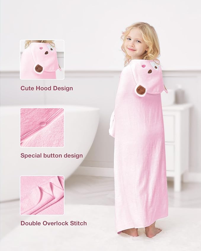ZIONOR Hooded Bath Towel for Kids - 50''L x 35''W Extra-Large Hooded Towels for Big Kids 6-10, Kids Beach Towels Made from Bamboo Rayon, Suitable for Bath, Pool, Beach(Pink Bear)