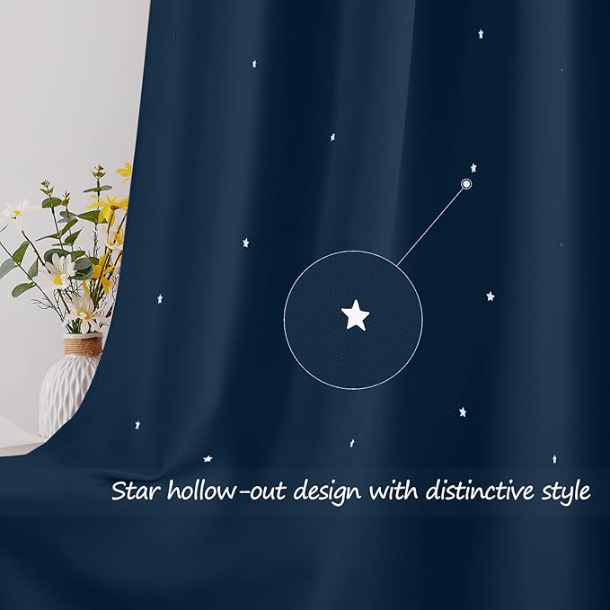 NICETOWN Kids Curtains Punched Out Stars, Moroccan Blue Star Curtains for Girls' Bedroom, Thick and Soft Room Darkening Shade for Baby Nursery, (W34 x L45 Inches, 2 Panels)