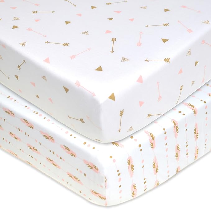 American Baby Company 2 Pack Fitted Crib Sheets 28" x 52", Soft Breathable Neutral 100% Cotton Jersey Sheet, Sparkle Gold/Pink Feathers/Arrows, for Boys and Girls, Fits Crib and Toddler Bed mattresses