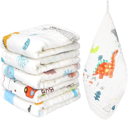 THSAM Muslin Burp Cloths 100% Cotton 20''x10'' Hand Washcloths for Baby, Super Soft and Absorbent 6 Layers Baby Burping Cloth for Boys Girls (Dinosaur & Animals, 6 Pack)