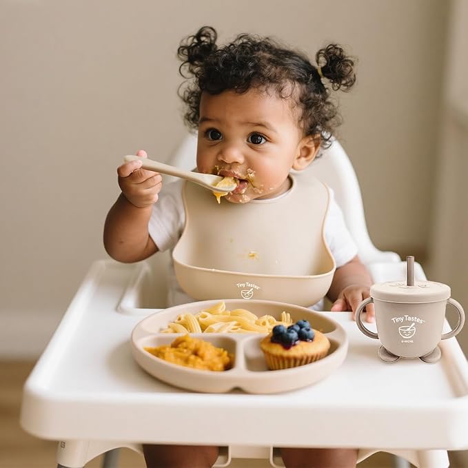 Tiny Tastes 10-Piece Silicone Baby Feeding Set – BPA-Free, Spill-Proof Suction Plate, Bowl, Bib, Snack Cup & Utensils | Dishwasher Safe, Baby Gift Ready (Beige)
