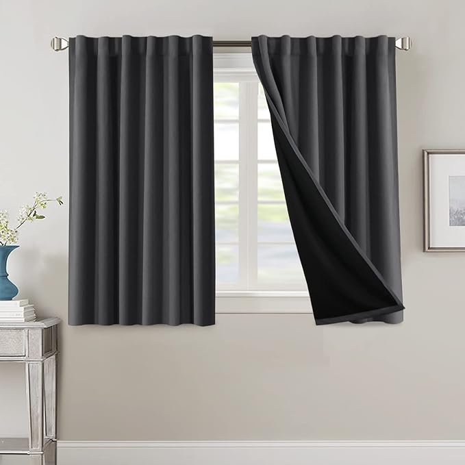 H.VERSAILTEX 100% Blackout Curtains for Bedroom with Black Liner Full Room Darkening Curtains 45 Inch Long Thermal Insulated Back Tab/Rod Pocket Window Drapes for Living Room, 2 Panels, Charcoal Grey