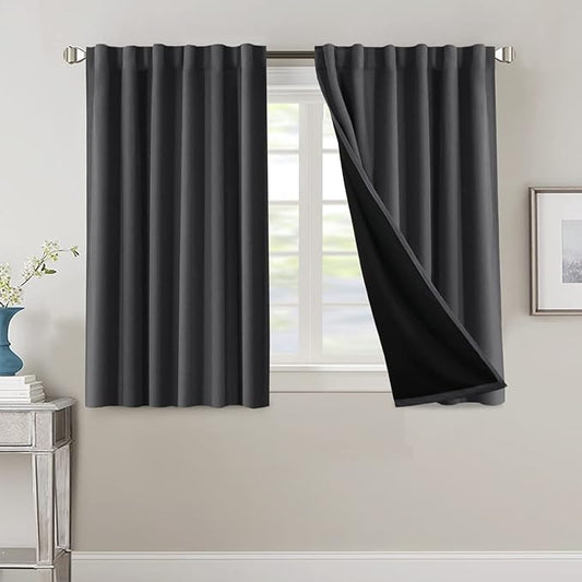 H.VERSAILTEX 100% Blackout Curtains for Bedroom with Black Liner Full Room Darkening Curtains 45 Inch Long Thermal Insulated Back Tab/Rod Pocket Window Drapes for Living Room, 2 Panels, Charcoal Grey