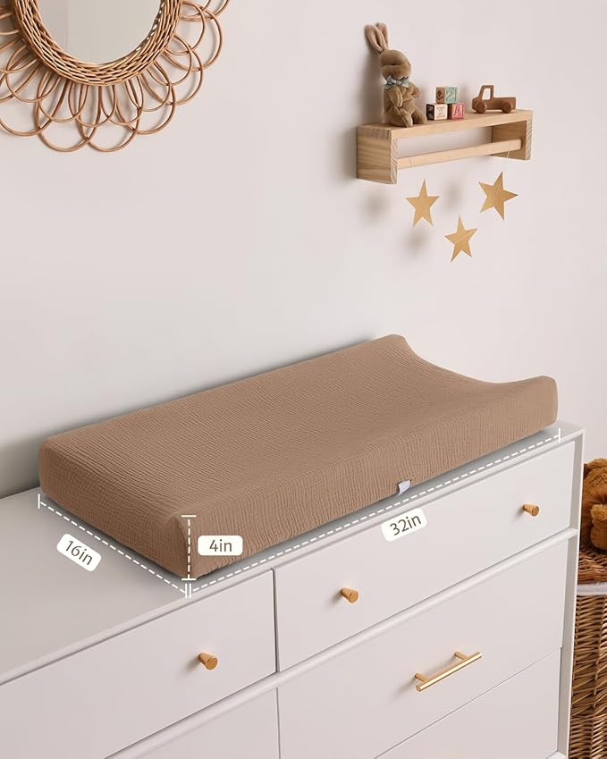 Blissful Diary Muslin Changing Pad Cover for Girls Boys, Ultra Soft Breathable Cotton, Baby Diaper Change Table Pad Covers, 2Pack (Checkered Brown & Brown)