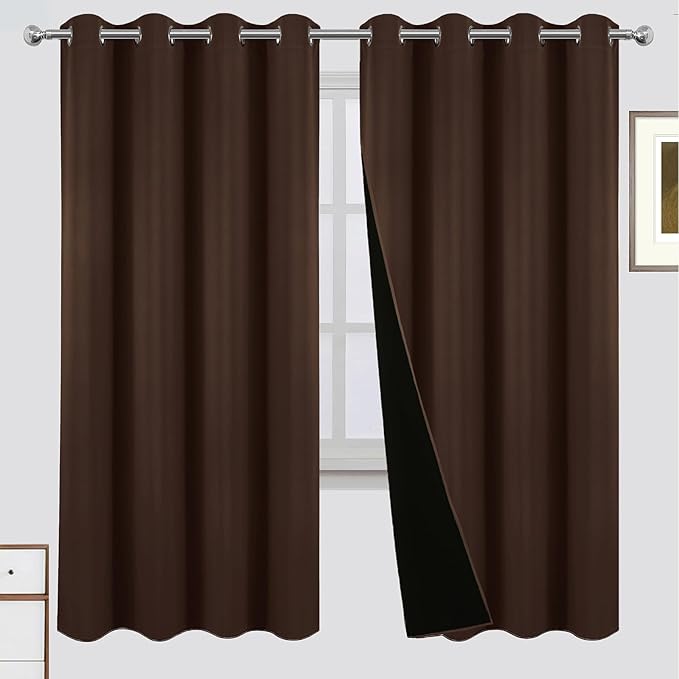 LEMOMO 100% Blackout Curtains 52 x 72 Inch Chocolate Brown Curtains 2 Panels Darkening Thermal Insulated Bedroom Curtains