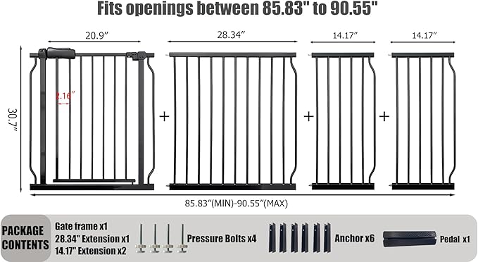 Heavy Duty Baby & Dog Safety Gate, Extra Wide 85.8-90.5 Inch,Black Metal, Pressure Mounted No Drilling Pet Gate for Large Openings