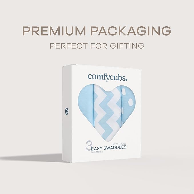 Comfy Cubs Easy Swaddle Blanket, 3 Pack - 100% Cotton Newborn Wrap, Large for 3-6 Months Infants, with Adjustable Velcro, Breathable and Durable Sleep Sack for Babies - Blue