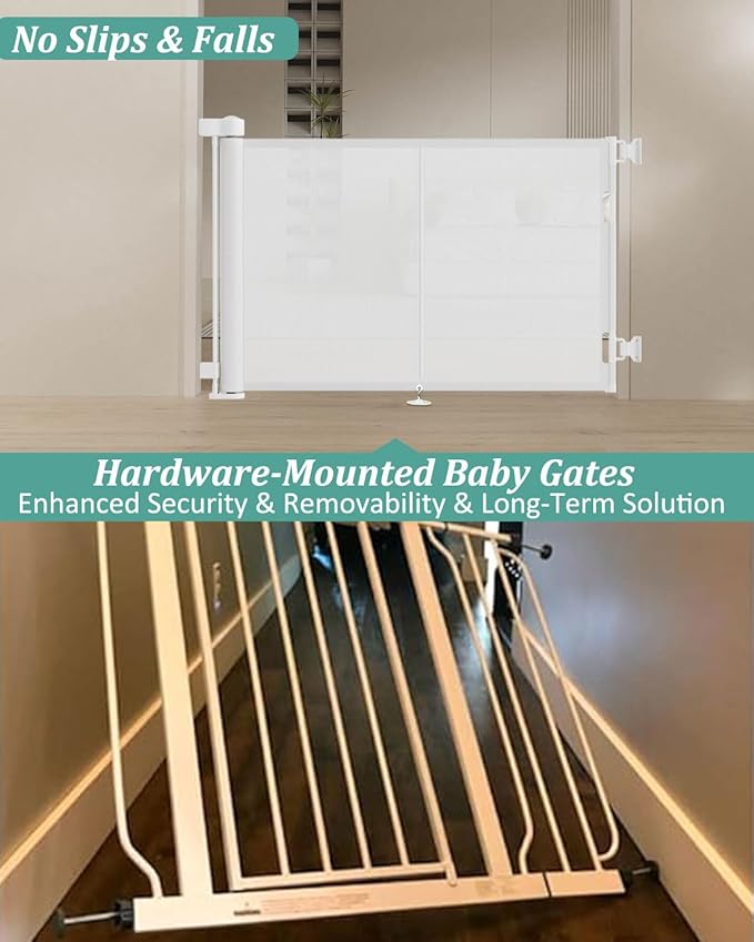 50 inch Retractable Baby Gates 34 inch Tall, Retractable Gate with Reinforced Strip Design to Prevent Crawling Through, Retractable Dog Gate for Stairs, Doorways, Hallways