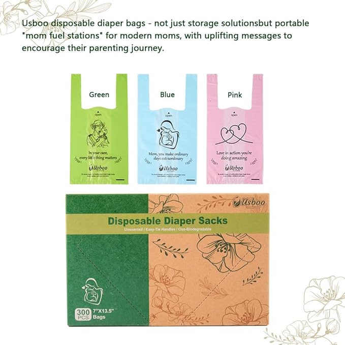 Diaper Bags Disposable for Baby, 300 Count Dirty Disposable Diaper Sacks, Easy-Tie Handles, Sanitary Napkin Disposal Bag, Diaper Disposal or Pet Waste Bags,Rainbow