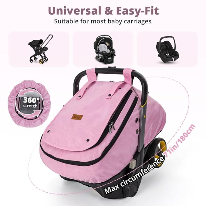Bioby Waterproof Baby Car Seat Cover, Infant Car Seat Cover for Boy Girl, Roomy Cozy Windproof Sun Protection Baby Carseat Covers Canopy with Breathable Net and Holes, Universal Fitted, Pink