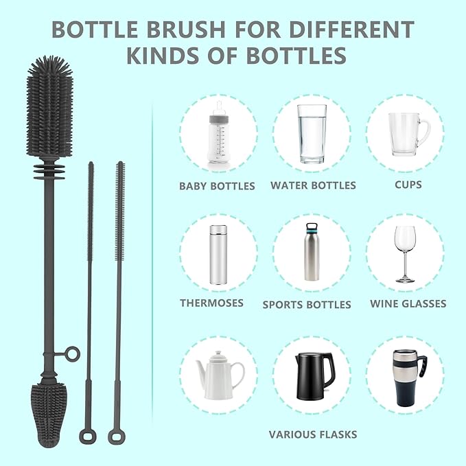 WQSS AOEIU Silicone Baby Bottle and Straw Cleaner Set, Dish Brush, Versatile Deep Cleaning Long Water Bottle Brushes, Heat Resistant Sturdy Kitchen Brush, Hangable Cup Cleaner