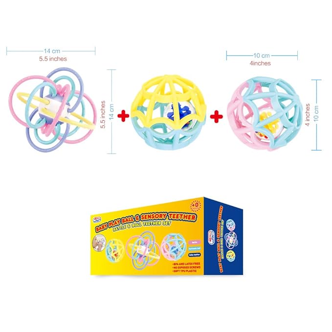 WEofferwhatYOUwant Baby Teether and Sensory Play Ball Set - 3 Piece Bundle with Rattle Teething Ring 2 BPA-Free Grasping Balls Safe Montessori Developmental Toys for Infants and Toddlers 0-6 Months