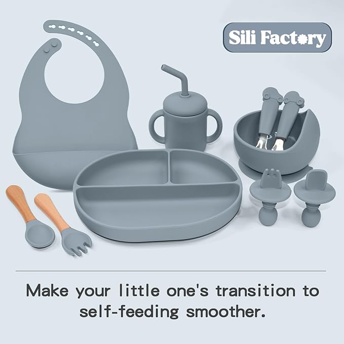 SILI FACTORY Silicone Baby Feeding Set - 10PCS Suction Baby Bowl and Divided Toddler Plates Adjustable Bib Cup Spoons Forks -Baby Led Weaning Supplies, Baby Utensils Eating Essential Set for 6+ Months