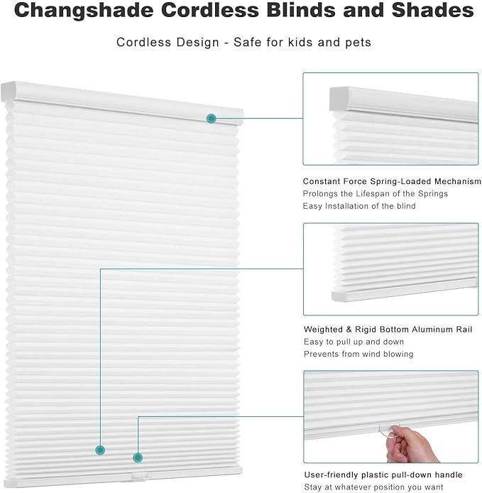 Changshade Cordless Cellular Shades, Light Filtering Honeycomb Shades for Windows, Pull Down Pleated Blinds, Easy to Install for Indoor Windows and French Doors,46" W x 72" H, White