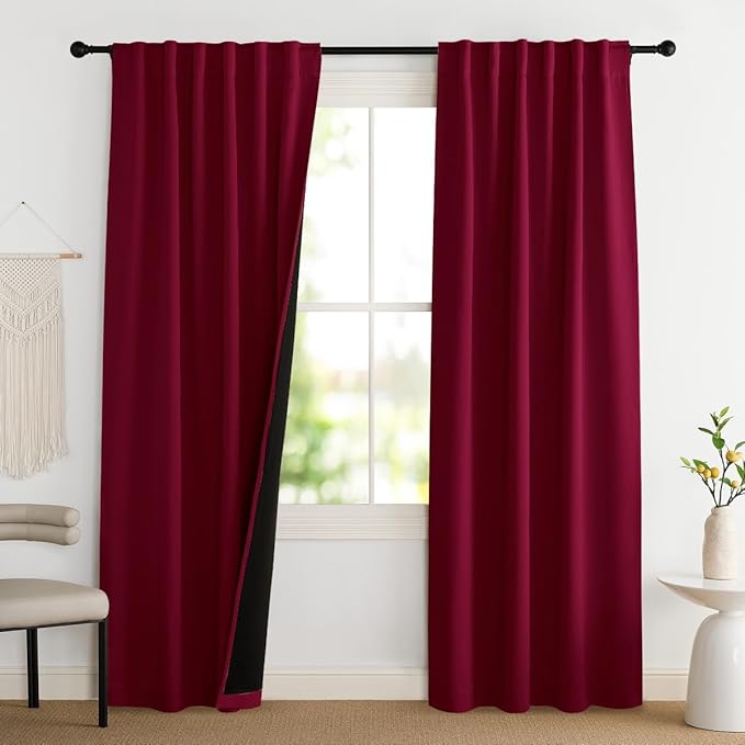 NICETOWN Wine Red 100% Blackout Window Curtain Panels, 52 x 84 Inches Cold & Full Light Blocking Thermal Insulated Draperies with Black Liner for Bedroom Nursery, Rod Pocket Style (2 Pieces)