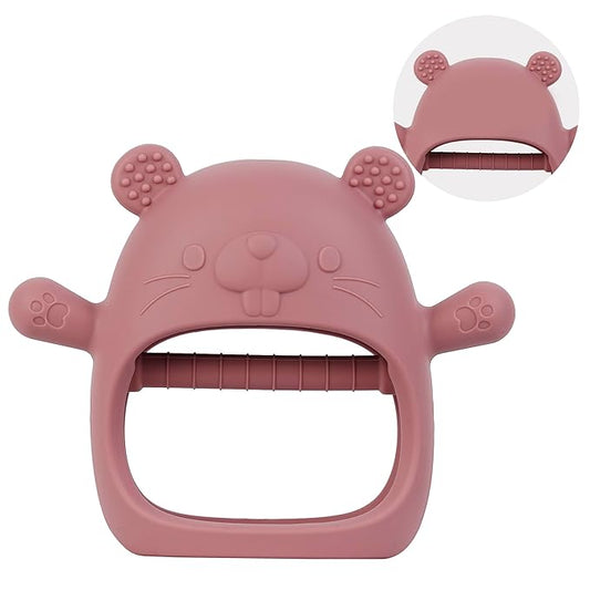 Silicone Baby Teether Toy for 3-24Months, BPA-Free Handheld Teething Relief Toy for Sore Gums, Easy-to-Grip Animal Design for Infants & Toddlers, Dishwasher Safe(Groundhog Dark Pink)