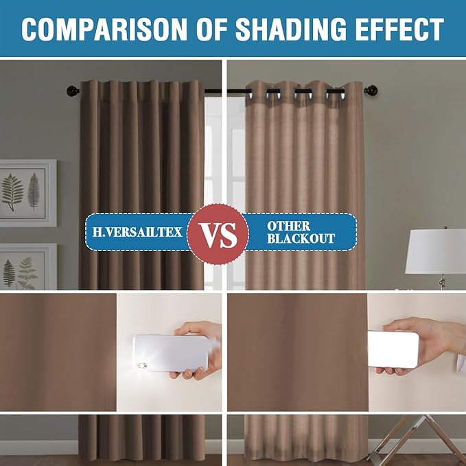 H.VERSAILTEX 100% Blackout Curtains for Bedroom with Black Liner Full Room Darkening Curtain 63 Inch Long Thermal Insulated Back Tab/Rod Pocket Window Drapes for Living Room, 2 Panels, Macchiato