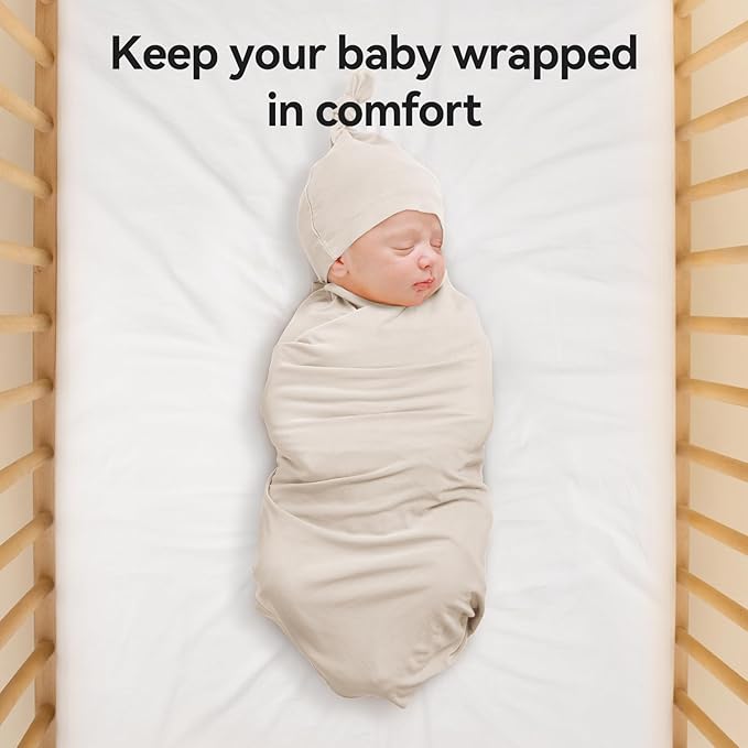 Rayon Made from Bamboo Newborn Swaddle Blanket Set with Matching Beanie, Super Soft Stretchy Baby Clothes Outfit for Girl Boy, Receiving Blankets Newborn Essentials, 47 x 47 Inch