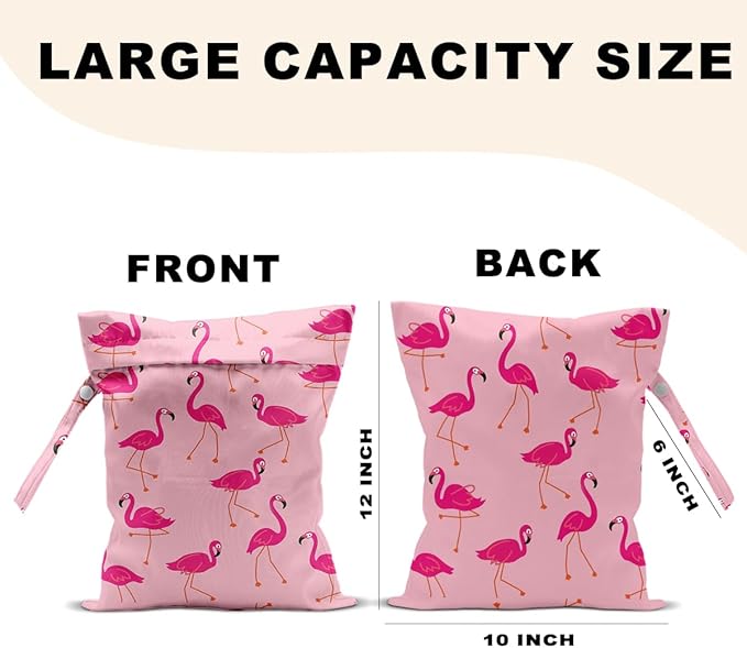 Pink Flamingo Wet Bags 12x10 Inch, Flamingos Seamless Pattern Waterproof Travel Laundry Bags, Reusable Wet Dry Bag for Swimsuit Pool Beach Diapers Dirty Yoga Gym Clothes, Flamingo Gifts for Women