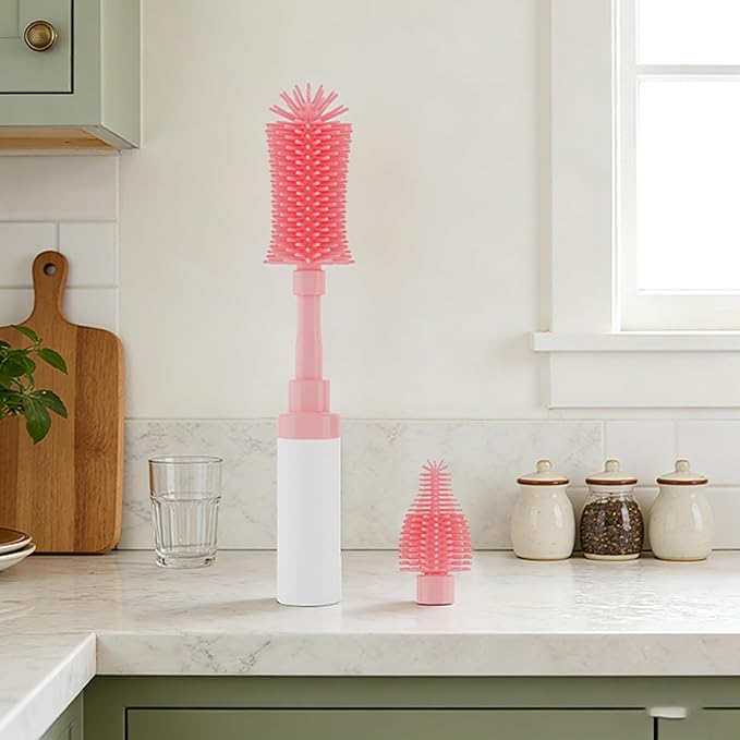 ZTX Self-Foaming Silicone Baby Bottle Brush Set - One Press Creates Rich Foam, Cleans Bottles, Breast Pump Parts & Nipples, Includes Detachable Brush & Travel Storage Bag, Pink