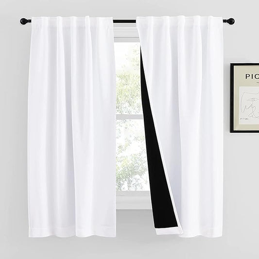 NICETOWN 100% Blackout Window Curtain Panels 48 inches Long, Cold and Full Light Blocking Drapes with Black Liner, Thermal Insulated Draperies for Cafe (White, 2 Pieces, 42 inches Wide Each Panel)