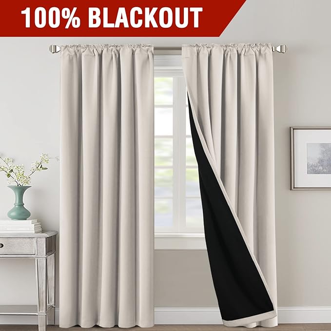 H.VERSAILTEX 100% Blackout Curtains for Bedroom with Black Liner Full Room Darkening Curtains 84 Inch Long Thermal Insulated Back Tab/Rod Pocket Window Drapes for Living Room, 2 Panels, Pumice Stone