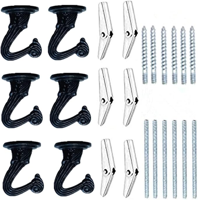 6 Sets White Ceiling Hooks for Hanging Plant, Heavy Duty Swag Toggle Hooks with Hardware (Black)