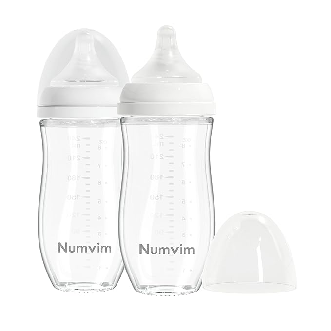 Numvim Glass Baby Bottle Gentle & Extra Slow Flow, Breastfeeding Bottle with Anti Colic Nipple for 3 Months Babies, Includes M Nipples, (8Oz, 2 Packs)