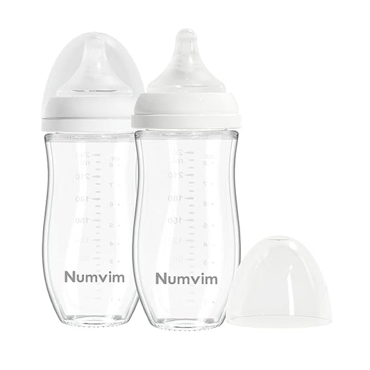 Numvim Glass Baby Bottle Gentle & Extra Slow Flow, Breastfeeding Bottle with Anti Colic Nipple for 3 Months Babies, Includes M Nipples, (8Oz, 2 Packs)
