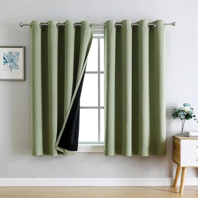 G2000 100% Blackout Curtains for Bedroom Living Room 63 Inch Length Sage Green Room Darkening Window Grommet Thermal Lined Insulated Light Blocking Noise Reducing 2 Panels