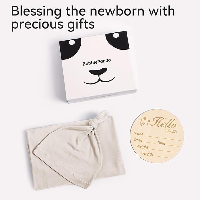 Rayon Made from Bamboo Newborn Swaddle Blanket Set with Matching Beanie, Super Soft Stretchy Baby Clothes Outfit for Girl Boy, Receiving Blankets Newborn Essentials, 35 x 35 Inch