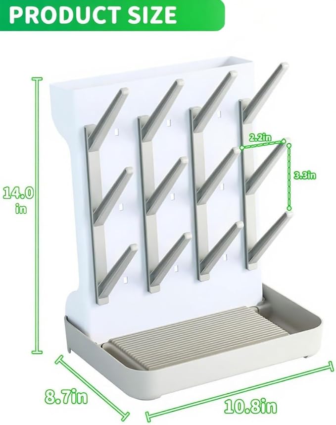 Ariseno Baby Bottle Drying Rack, Vertical Space Saving Countertop Holder - Large Capacity for 12 Bottles, Pump Parts, Pacifiers, Brushes, Sippy Cups - BPA-Free, Baby Accessories Organizer - Grey