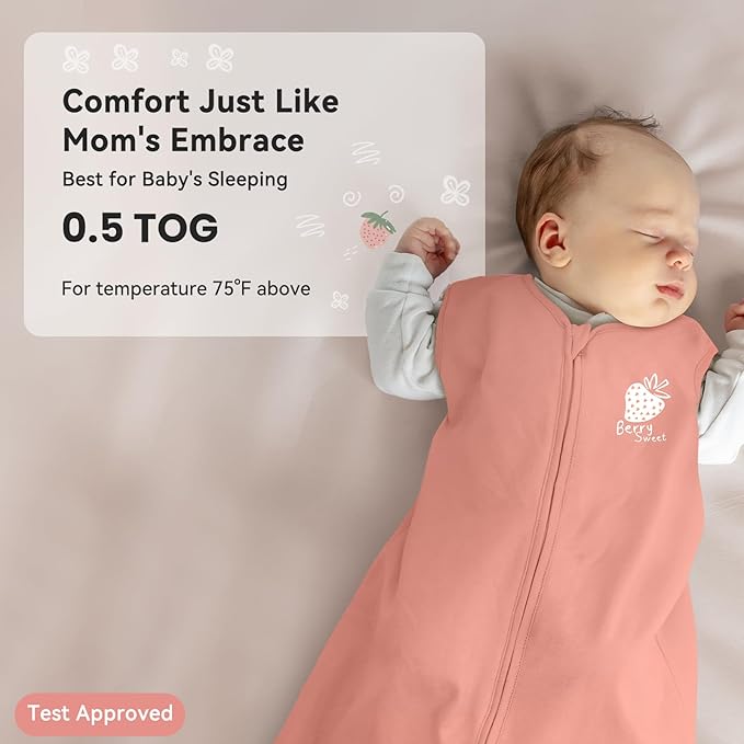 Unnivoll Baby Sleep Sack 0-6 Months 0.5 Tog Wearable Blanket Baby, 3 Pack 100% Cotton Lightweight Sleeping Sack with 2-Way Zipper for Newborn Infant Strawberry