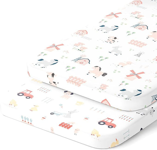 Bedside Sleeper Bassinet Sheets for 32 x 19 Inch Mattress Pad – Compatible with Ronbei, Pamobabe, Nordmiex Bassinet – 100% Jersey Cotton – Farm Animals – 2 Pack