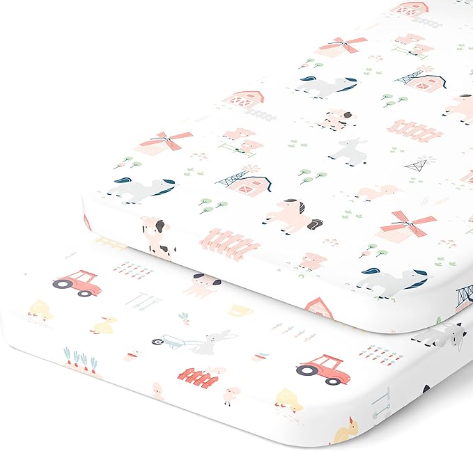 Joey + Joan Bassinet Sheets for Chicco LullaGo Nest, Primo, Close to You 3-in-1 & Next2Me Bassinet - Farm Animals - 2 Pack - 100% Cotton - Not for LullaGo Anywhere