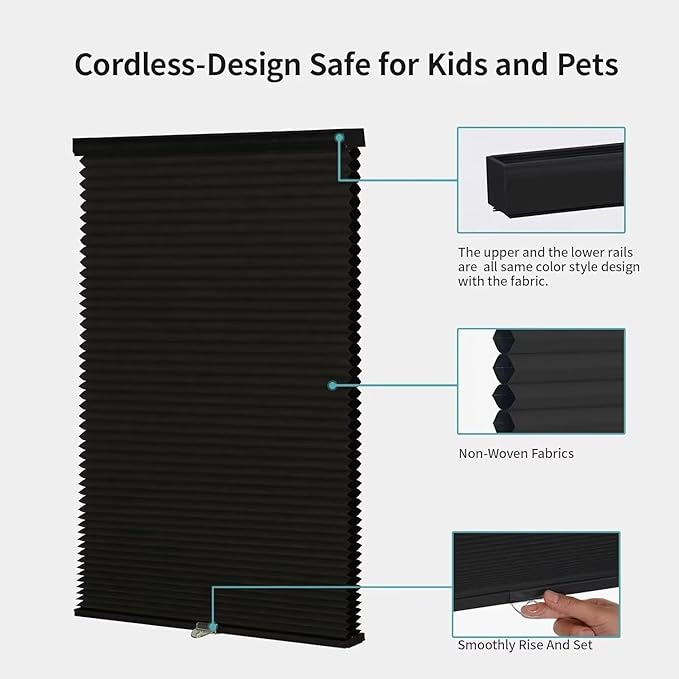 MYshade Cordless Blackout Window Blinds & Shades Pull Down Room Darkening Window Shades Light Blocking Honeycomb Cellular Shade for Indoor Windows Easy to Install 43 inch Wide, H72 Black Blinds