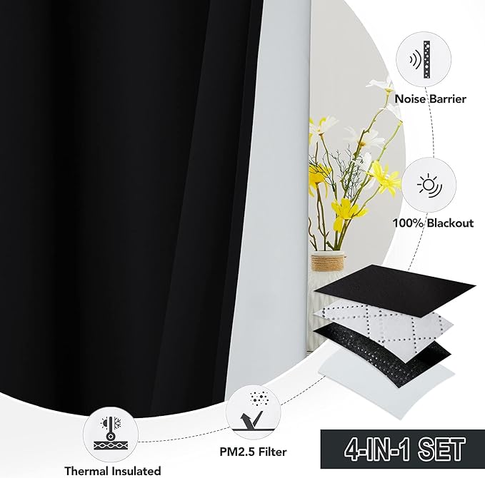 RYB HOME Soundproof Curtains for Bedroom, PM2.5 Particle Filter 100% Blackout Energy Saving Small Window Curtains for Baby Nursery Living Room Home Office, Black, W 42 x L 63 inches, 2 Pcs