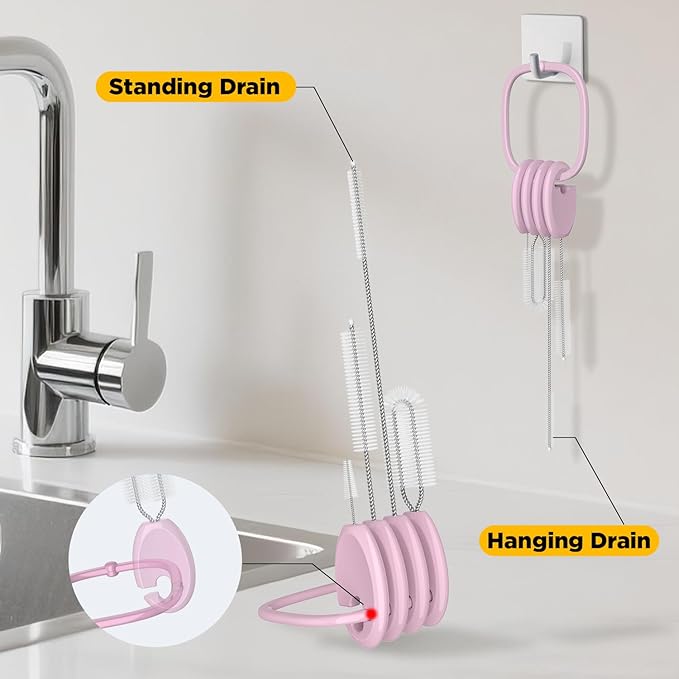 VOGOGE Baby Straw Brush Set, 4 Piece Cleaner Kit with Standable Key Ring, for Sippy Cups, Weighted Straw Cups & Baby Bottles – Designed for 0–24 Months, Pink