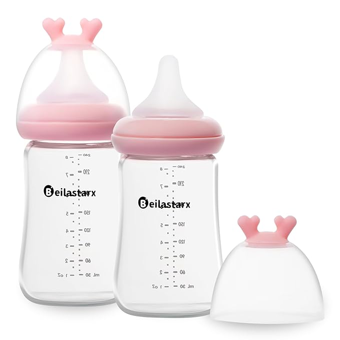 Beilastarx Glass Baby Bottles with Natural Response Nipple Size M - Anti Colic Baby Bottles Wide Neck Slow Flow Baby Bottle(Red, 8oz (Pack of 2))
