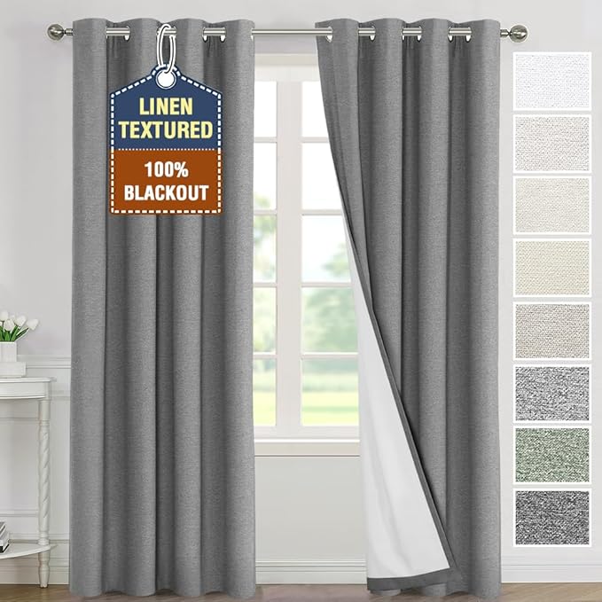 H.VERSAILTEX 100% Blackout Curtains for Bedroom Thermal Insulated Linen Textured Curtains Full Light Blocking Drapes Living Room Curtains 2 Panel Sets, 52x108 Inch, Heather Mid Grey(Not Solid)