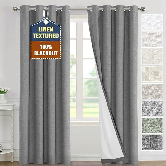 H.VERSAILTEX 100% Blackout Curtains for Bedroom Thermal Insulated Linen Textured Curtains Full Light Blocking Drapes Living Room Curtains 2 Panel Sets, 52x108 Inch, Heather Mid Grey(Not Solid)