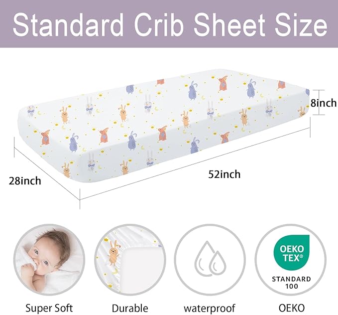 Little Grape Land Waterproof Crib Sheets for Boys Girls, Soft and Breathable Waterproof Baby Crib Sheets 52"x28", Crib Mattress Sheets Neutral for Standard Crib and Toddler Bed Mattress (Rabbit)