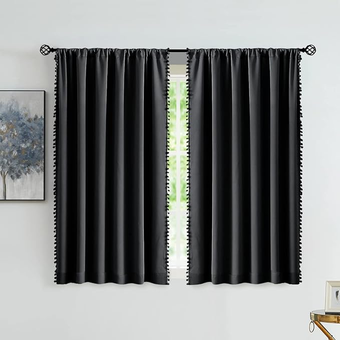 Treatmentex Pom Pom Blackout Curtains Black 45" Half Window Curtain Set for Small Window Basement Laundry Short Drapes 2Panels Rod Pocket