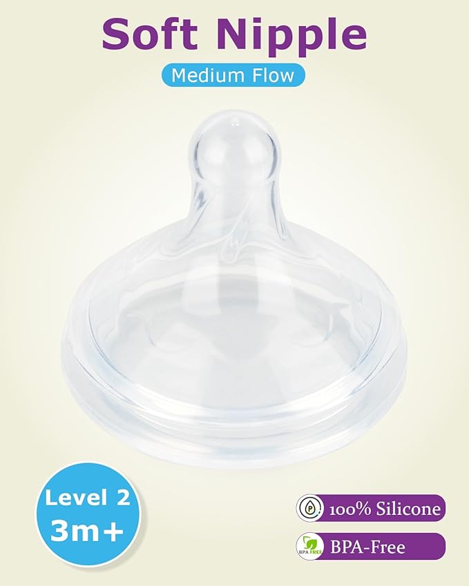 Silicone Nipple for Dr.Brown's Wide-Nick Baby Bottle & Glass Bottles,Level 2 Nipple, Medium Flow, 3m+, 6 Count