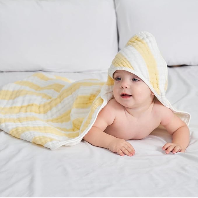 4-Pack Muslin Hooded Baby Bath Towel Set - 100% Organic Cotton, (2) 6-Layer 32x32 Towels & (2) Washcloths, Newborn & Infant Gift Set (Yellow Striped & White)